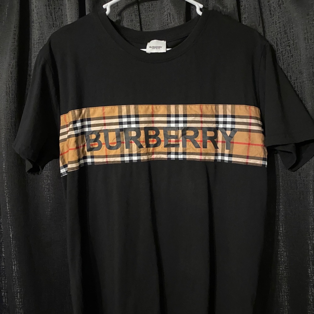Burberry Black Tee with Tan Plaid Accent